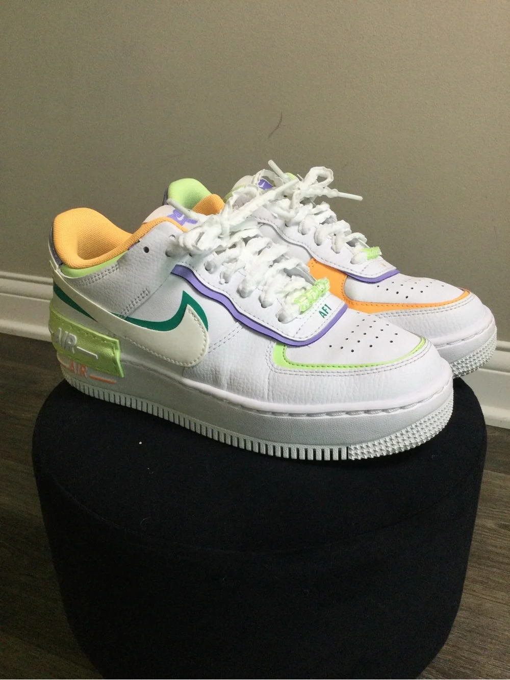 Nike Air Force One Shadow White Sneakers with Orange, Purple and Lime Accents